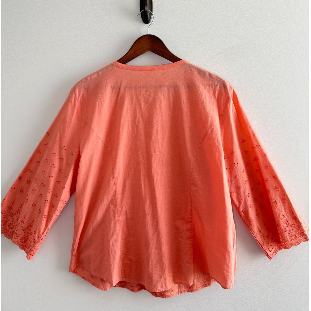 Coral Eyelet Embroidered Button Front Blouse Bell Sleeve Cottagecore Boho Top XL - Picture 3 of 9